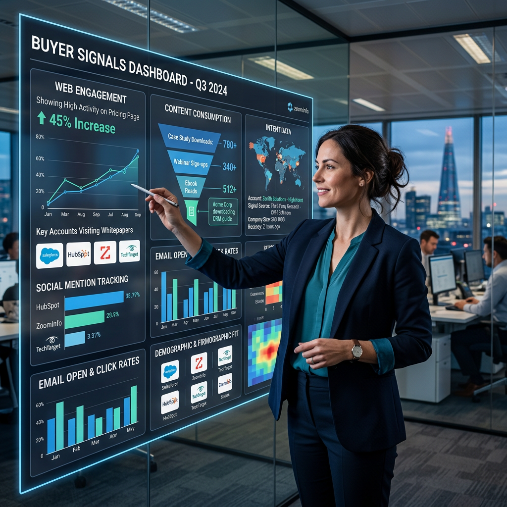 Woman presenting Buyer Signals Dashboard Q3 2024 with marketing charts
