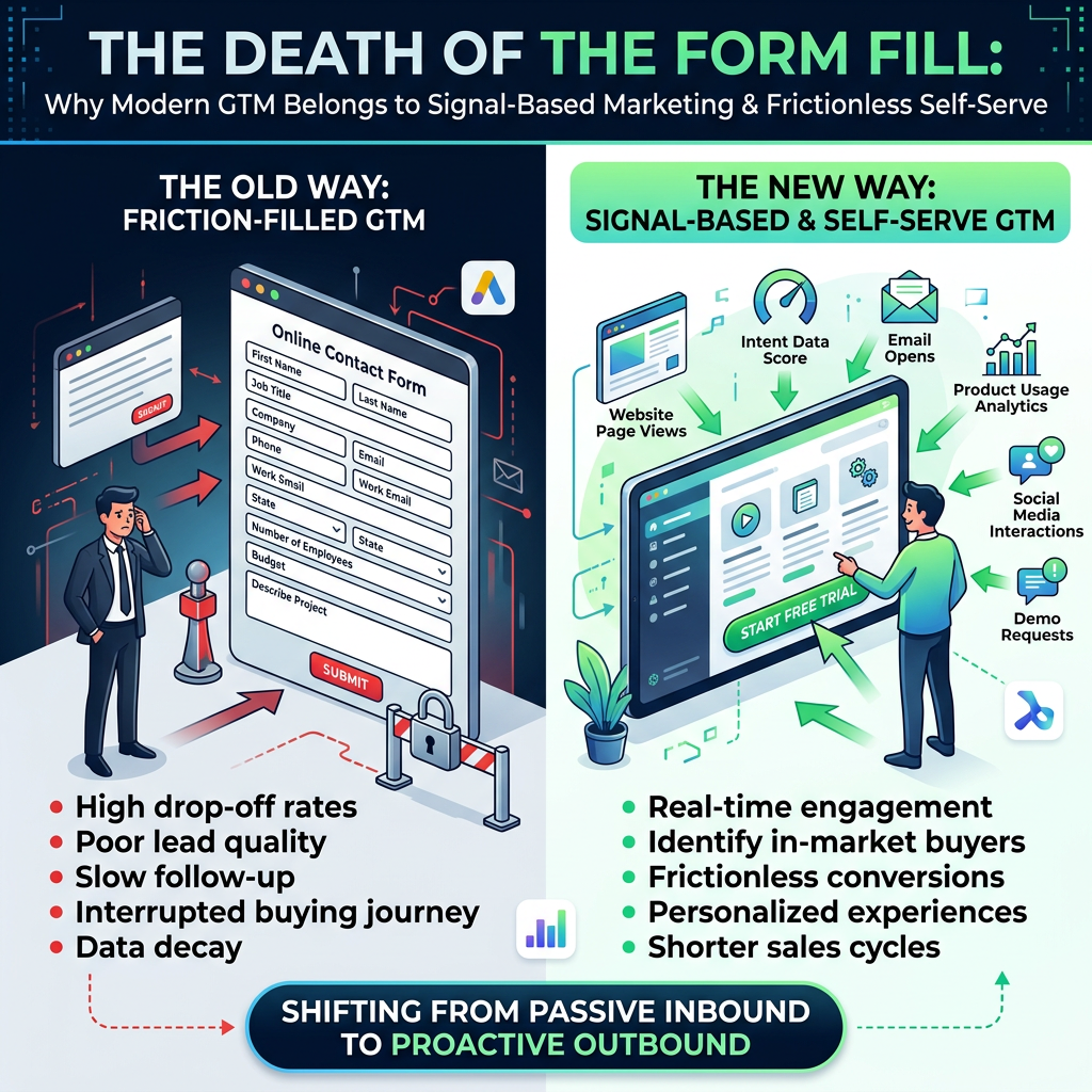 Infographic titled “THE DEATH OF THE FORM FILL: Why Modern GTM Belongs to Signal-Based Marketing & Frictionless Self-Serve,” contrasting “THE OLD WAY: FRICTION-FILLED GTM” with “THE NEW WAY: SIGNAL-BASED & SELF-SERVE GTM.” The old way lists high drop-off rates, poor lead quality, slow follow-up, interrupted buying journey, and data decay; the new way lists real-time engagement, identify in-market buyers, frictionless conversions, personalized experiences, and shorter sales cycles. Bottom text reads “SHIFTING FROM PASSIVE INBOUND TO PROACTIVE OUTBOUND.”