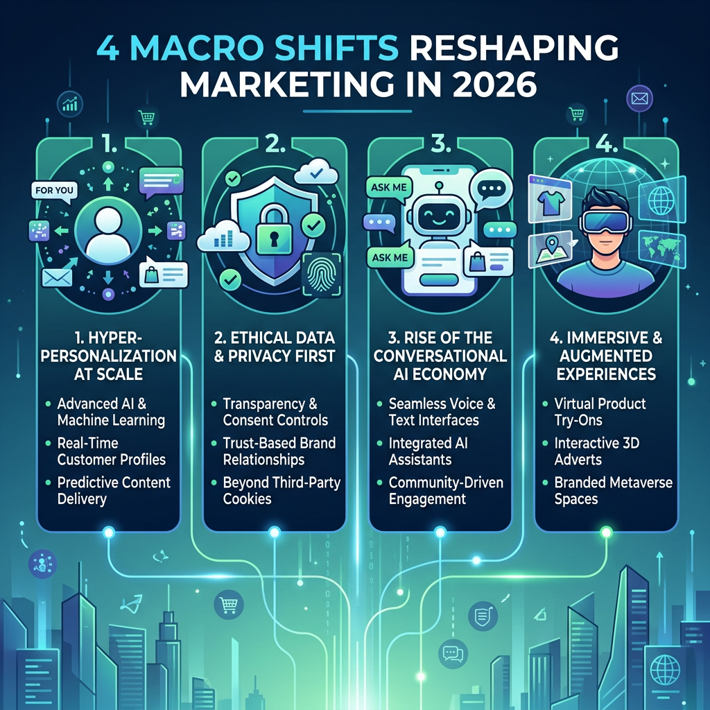 Infographic titled “4 MACRO SHIFTS RESHAPING MARKETING IN 2026.” Four panels list: “1. HYPER-PERSONALIZATION AT SCALE” with “Advanced AI & Machine Learning,” “Real-Time Customer Profiles,” and “Predictive Content Delivery”; “2. ETHICAL DATA & PRIVACY FIRST” with “Transparency & Consent Controls,” “Trust-Based Brand Relationships,” and “Beyond Third-Party Cookies”; “3. RISE OF THE CONVERSATIONAL AI ECONOMY” with “Seamless Voice & Text Interfaces,” “Integrated AI Assistants,” and “Community-Driven Engagement”; and “4. IMMERSIVE & AUGMENTED EXPERIENCES” with “Virtual Product Try-Ons,” “Interactive 3D Adverts,” and “Branded Metaverse Spaces.”